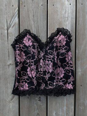 80s vintage pink lace corset boned zipper point